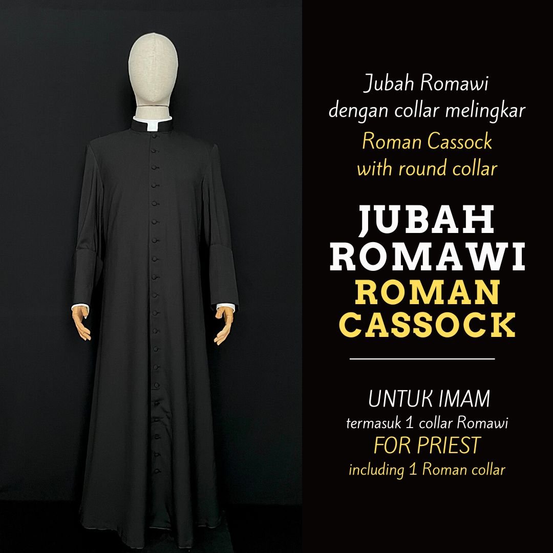 Jubah Imam atau Uskup dengan Collar Romawi atau Roman Collar Melingkar hitam Polos
